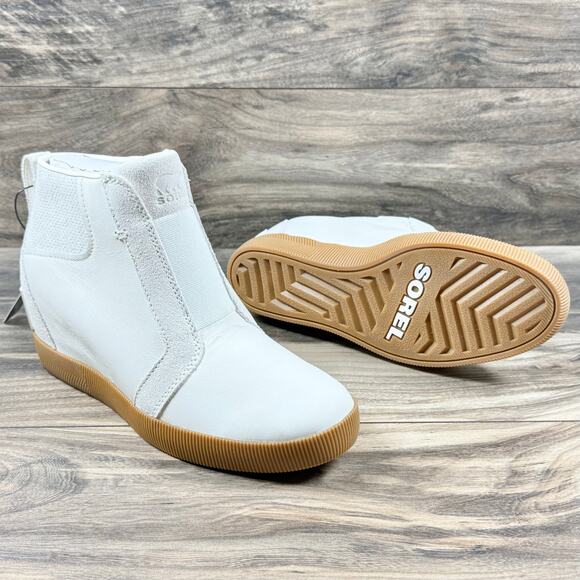 NIB Sorel Out N About Pull On Leather Wedge Sneaker Bootie 8.5 Sea Salt/Gum 2 - Picture 5 of 11